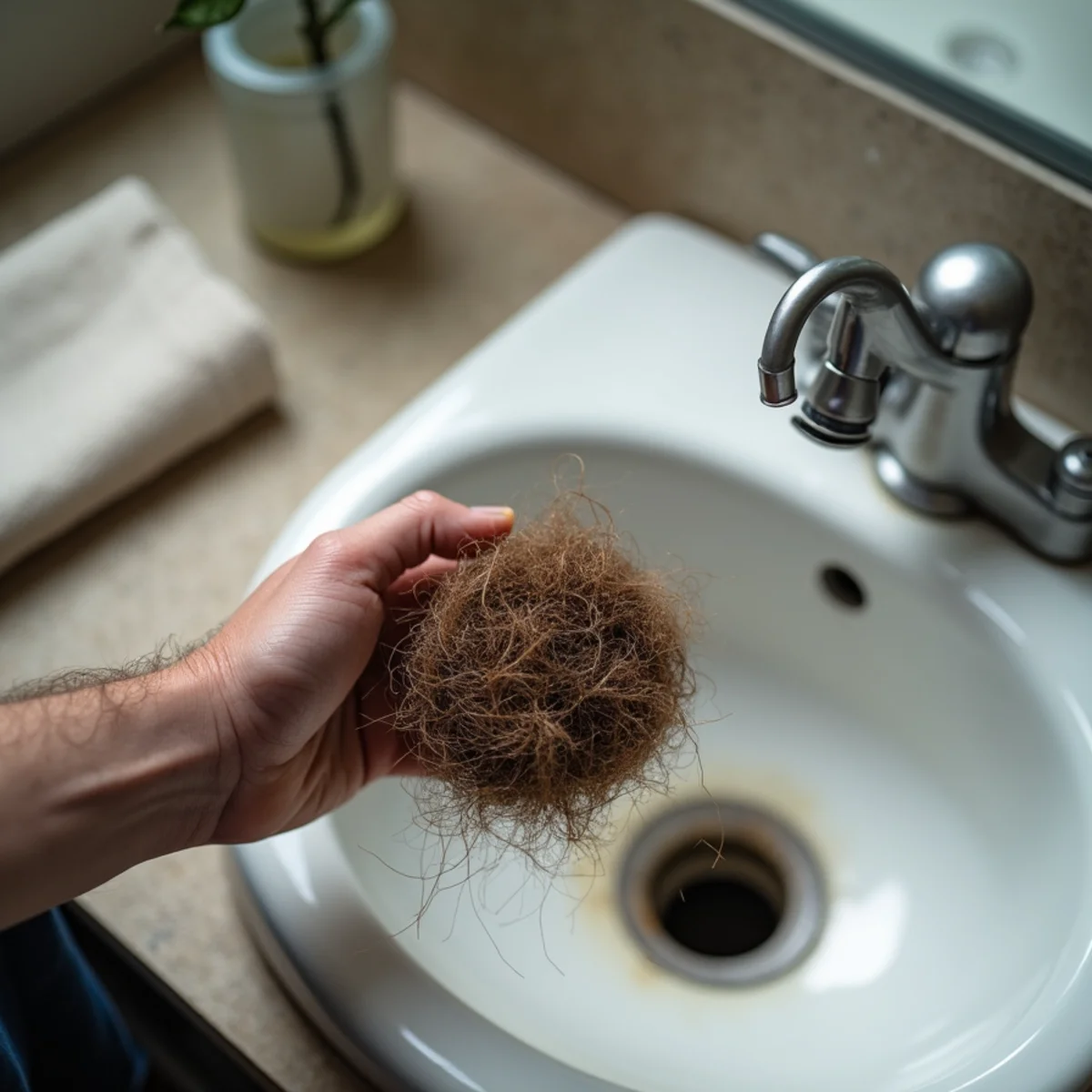 Hair and soap scum clog pulled from a bathroom drain in a Parker, CO home