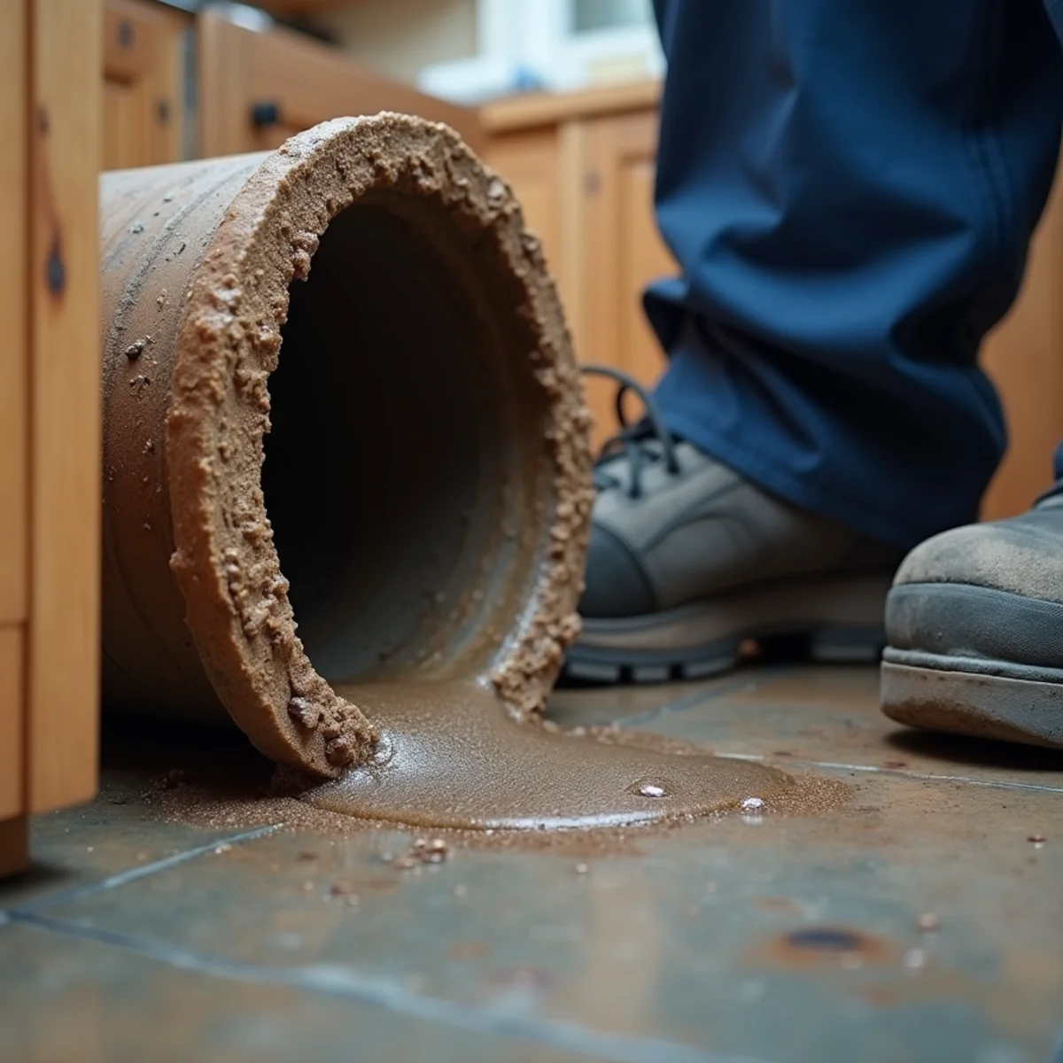 Grease buildup coating the inside of a kitchen drain pipe