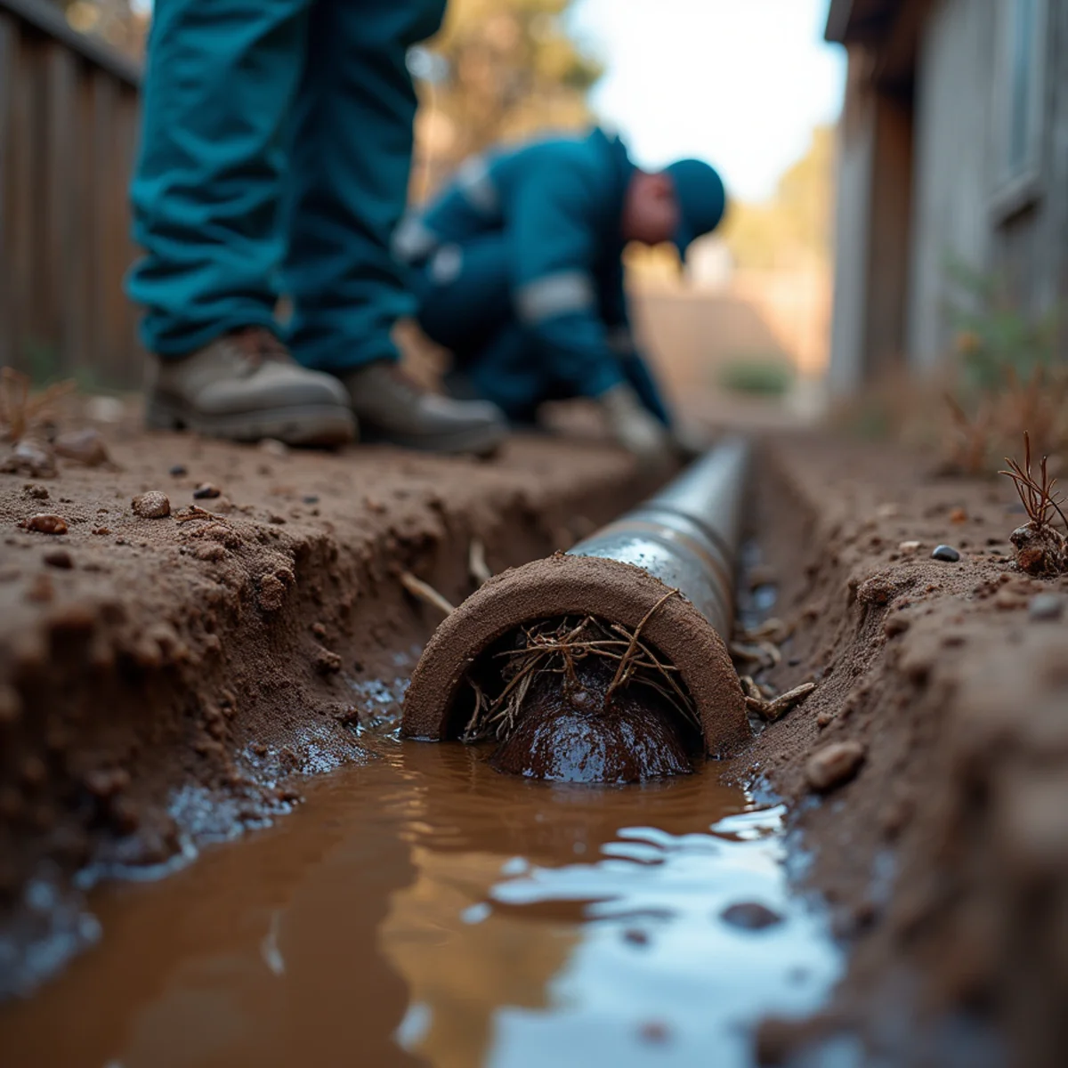 Tree root intrusion inside a clay sewer lateral seen on a camera inspection