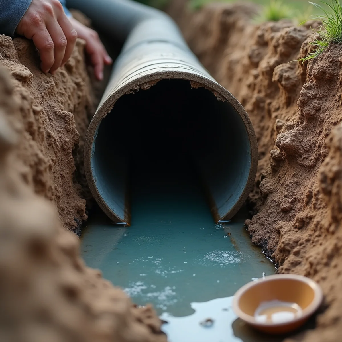 Sagging bellied sewer pipe holding standing water under a Colorado home