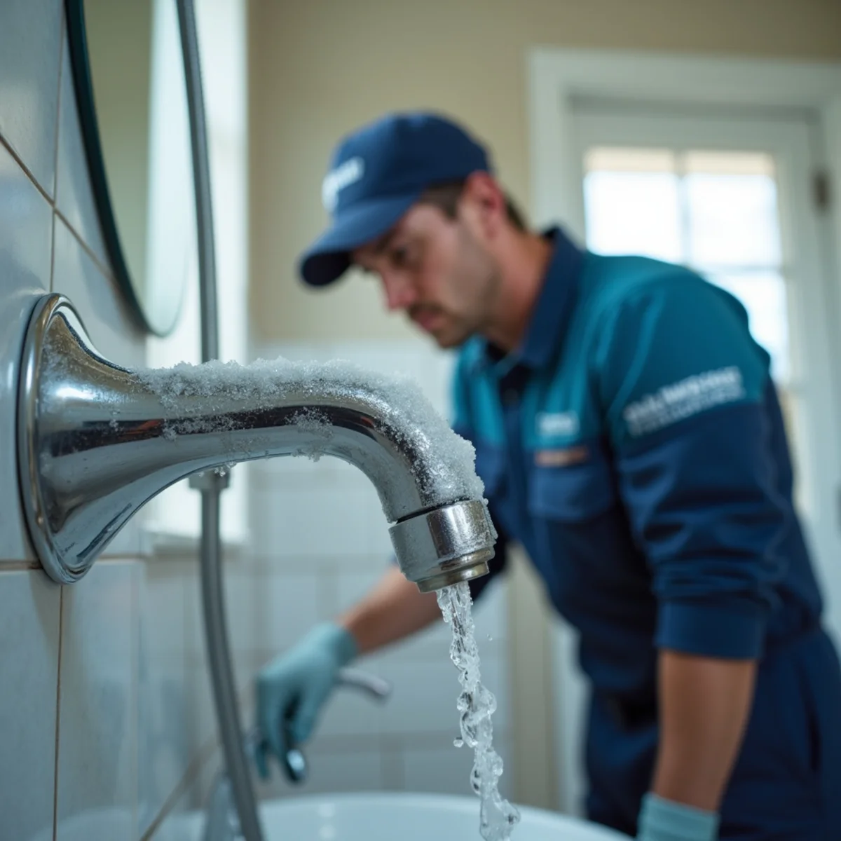 Hard-water scale buildup on a faucet and fixtures in a Douglas County Colorado home