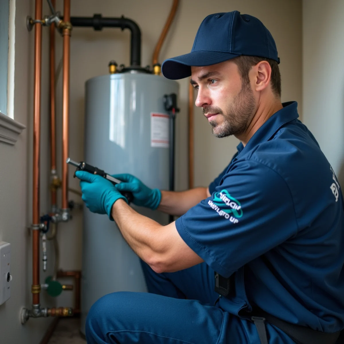 Plumber servicing a shared water-heater system in a Colorado multifamily building