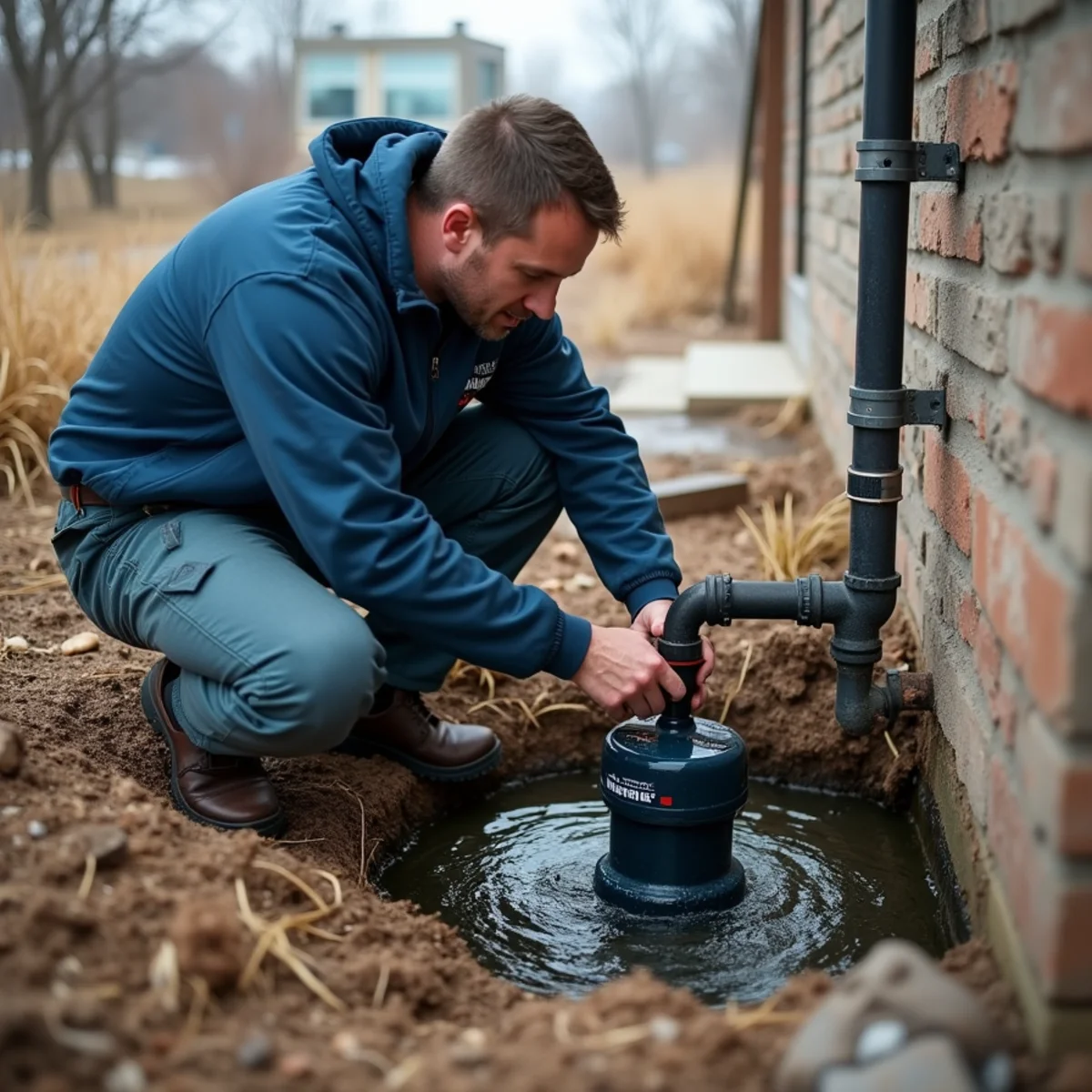 Homeowner testing a sump pump before spring snowmelt in a Colorado basement