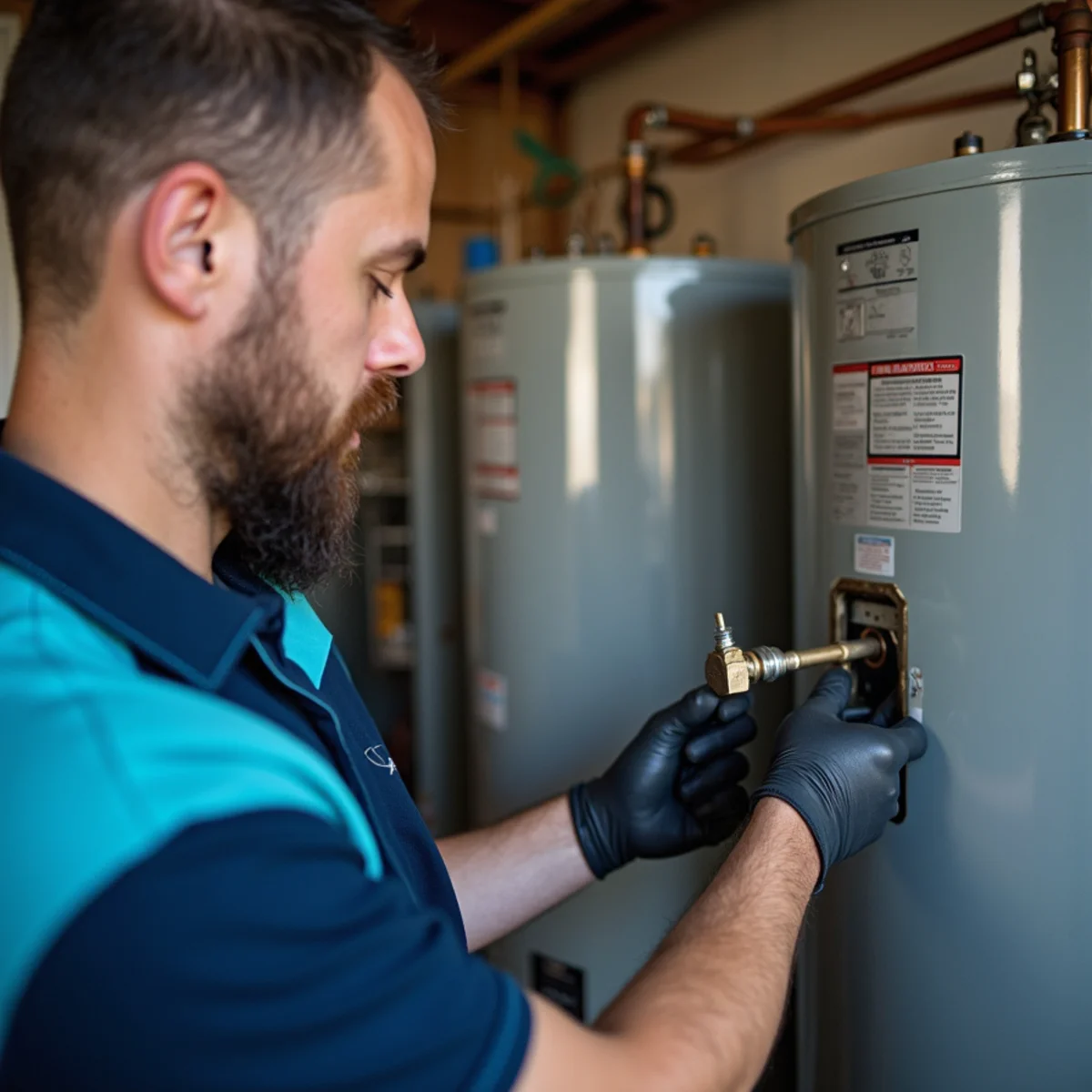 Plumber inspecting the anode rod and connections on a Parker Colorado water heater