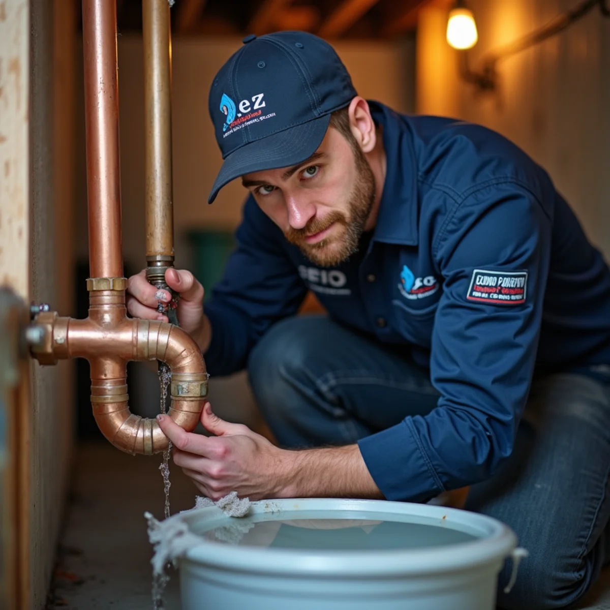 Plumber repairing a burst water pipe and containing water damage in a Parker home