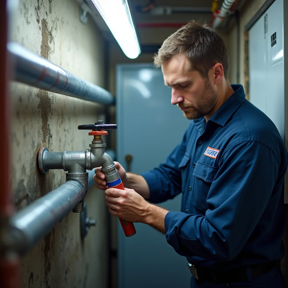 Commercial plumber servicing a mechanical room in a Parker Colorado business