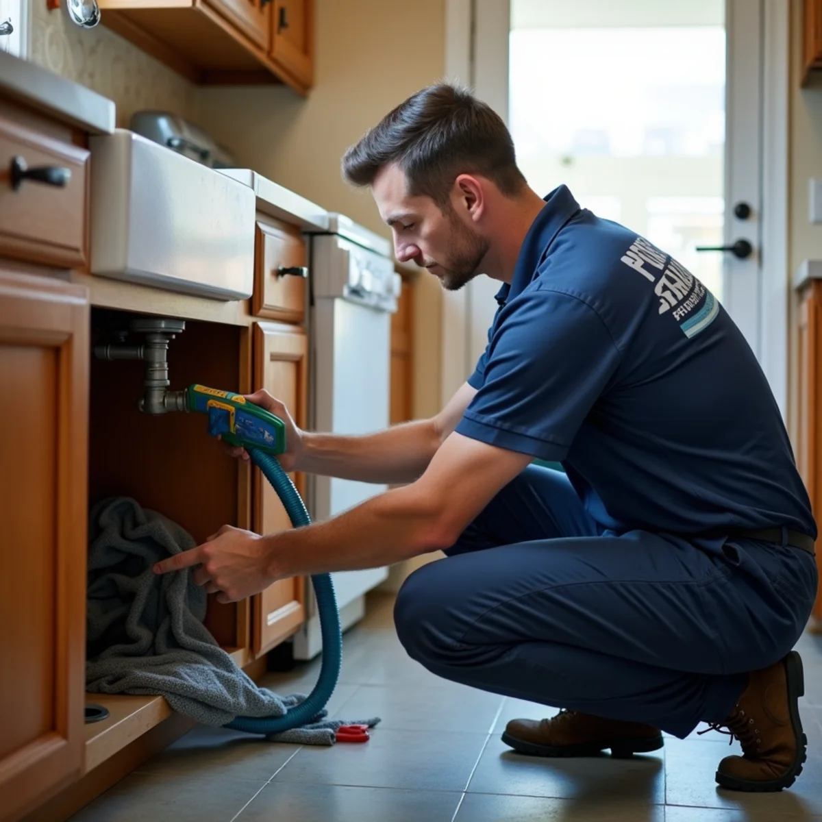 Parker plumber clearing a clogged kitchen drain line with a drain machine