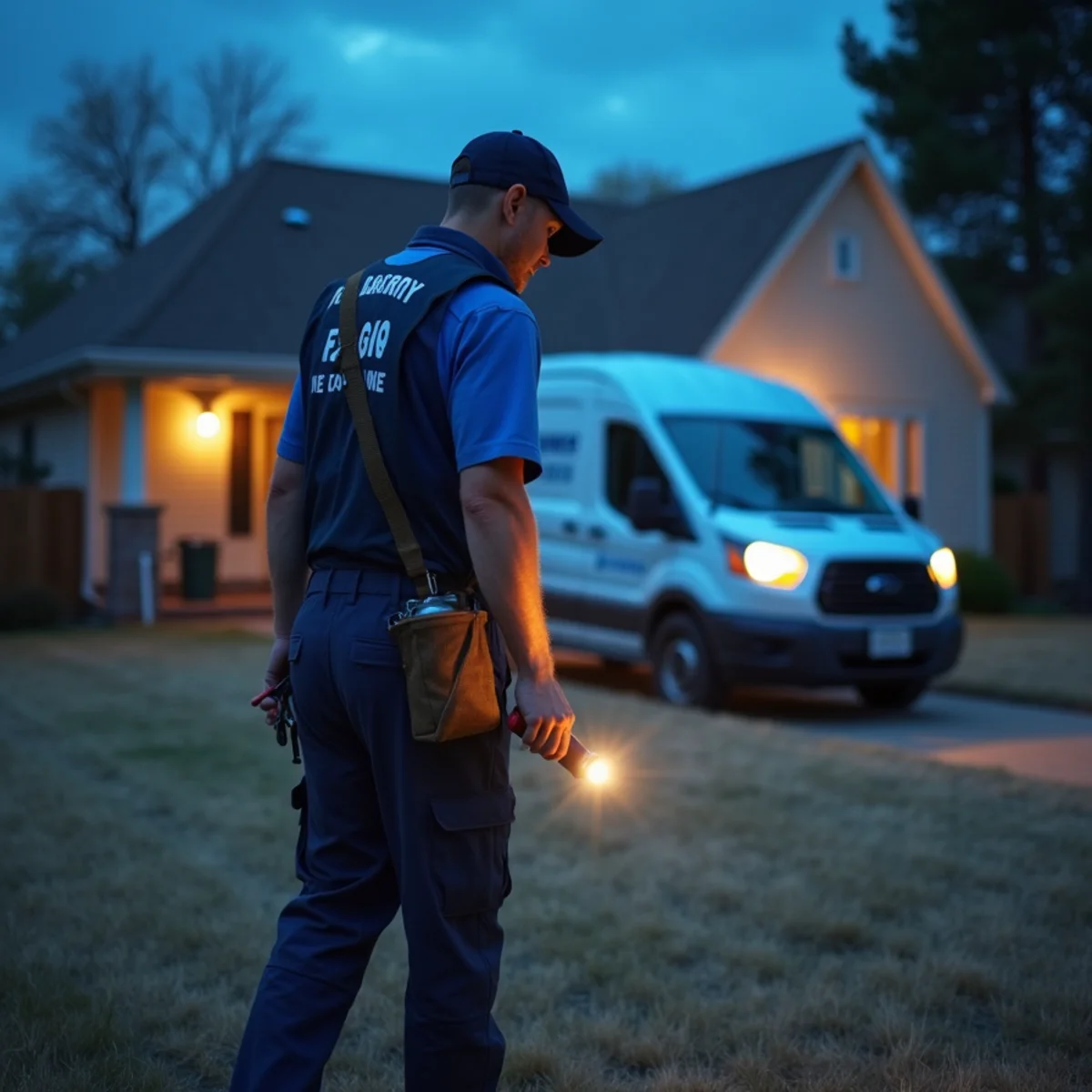 Emergency plumber responding to an active water leak in a Parker Colorado home at night