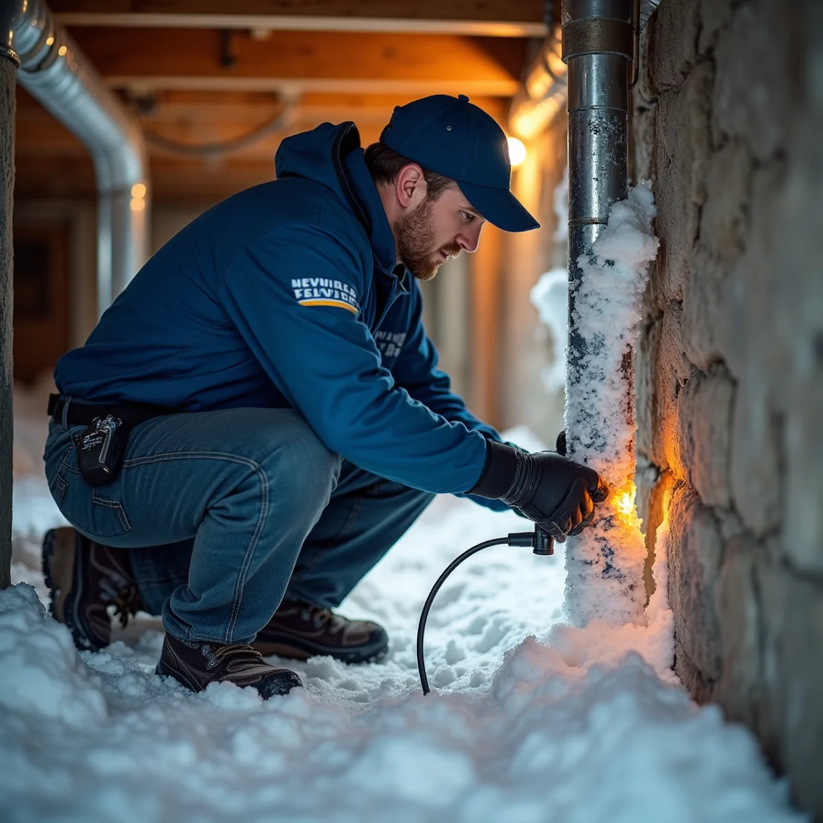 Plumber safely thawing a frozen exposed pipe in a Parker Colorado crawlspace in winter