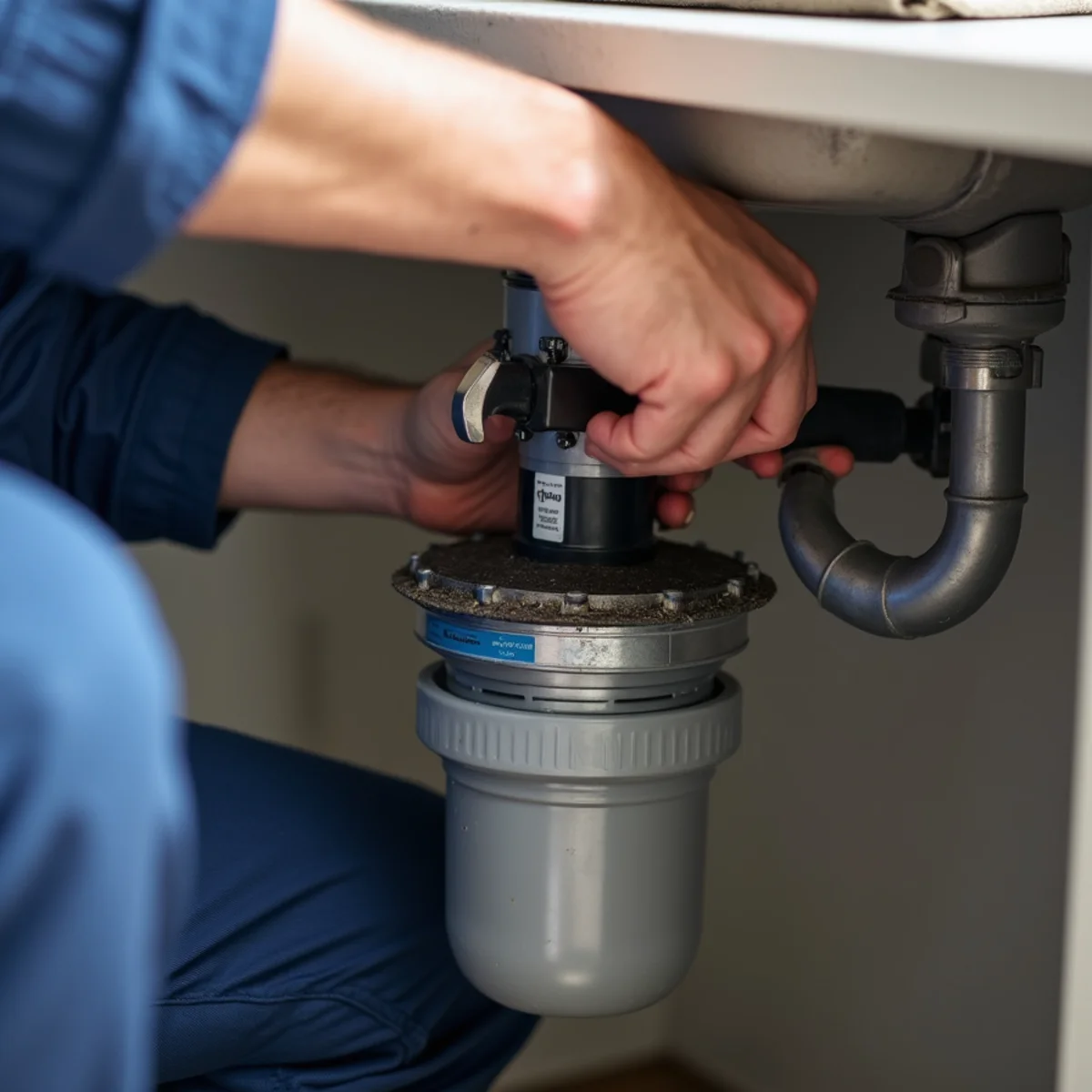 Plumber installing a garbage disposal under a Parker, CO kitchen sink
