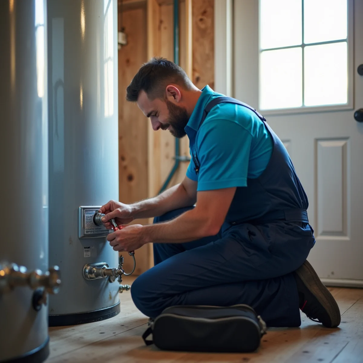 Licensed Parker, CO plumber working on a home water heater