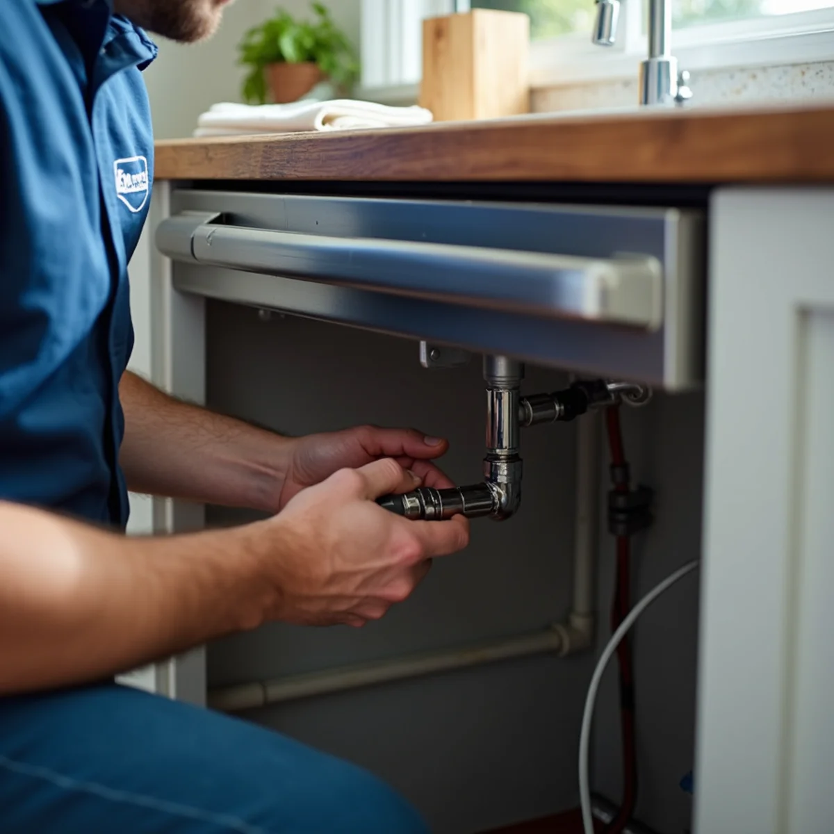 Plumber installing a kitchen sink and faucet during a Parker, CO remodel