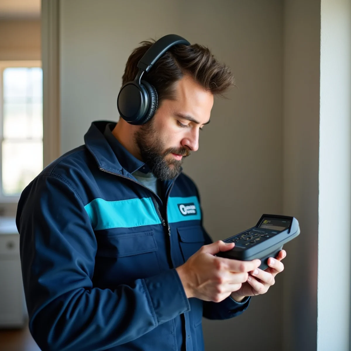 Plumber using electronic leak detection equipment on a Parker home water line