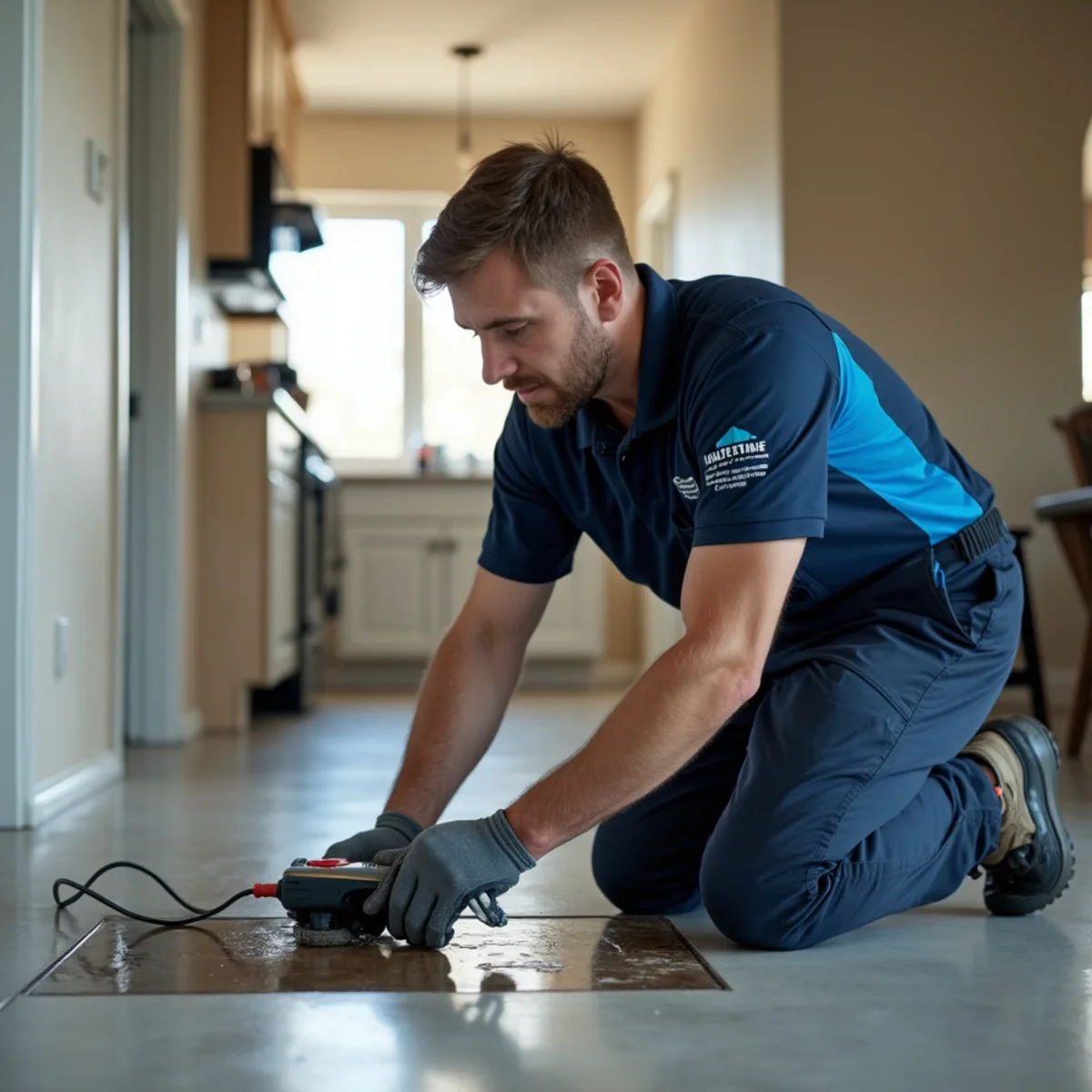 Plumber locating a slab leak under a concrete foundation in a Parker Colorado home