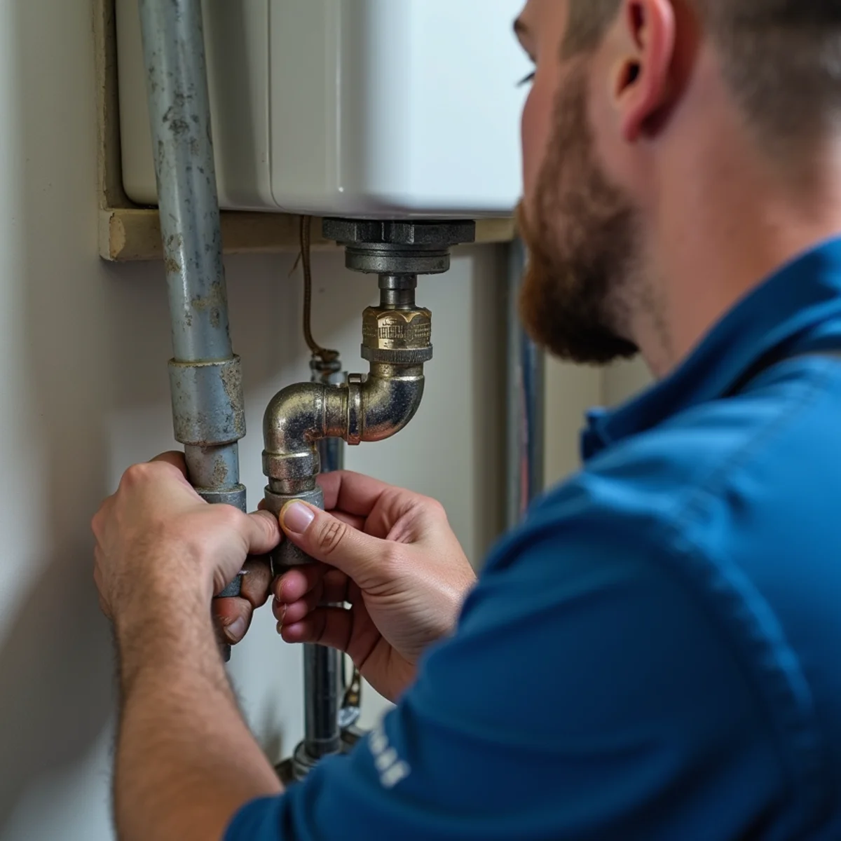 Plumber servicing a wall-mounted tankless water heater in a Parker, CO home