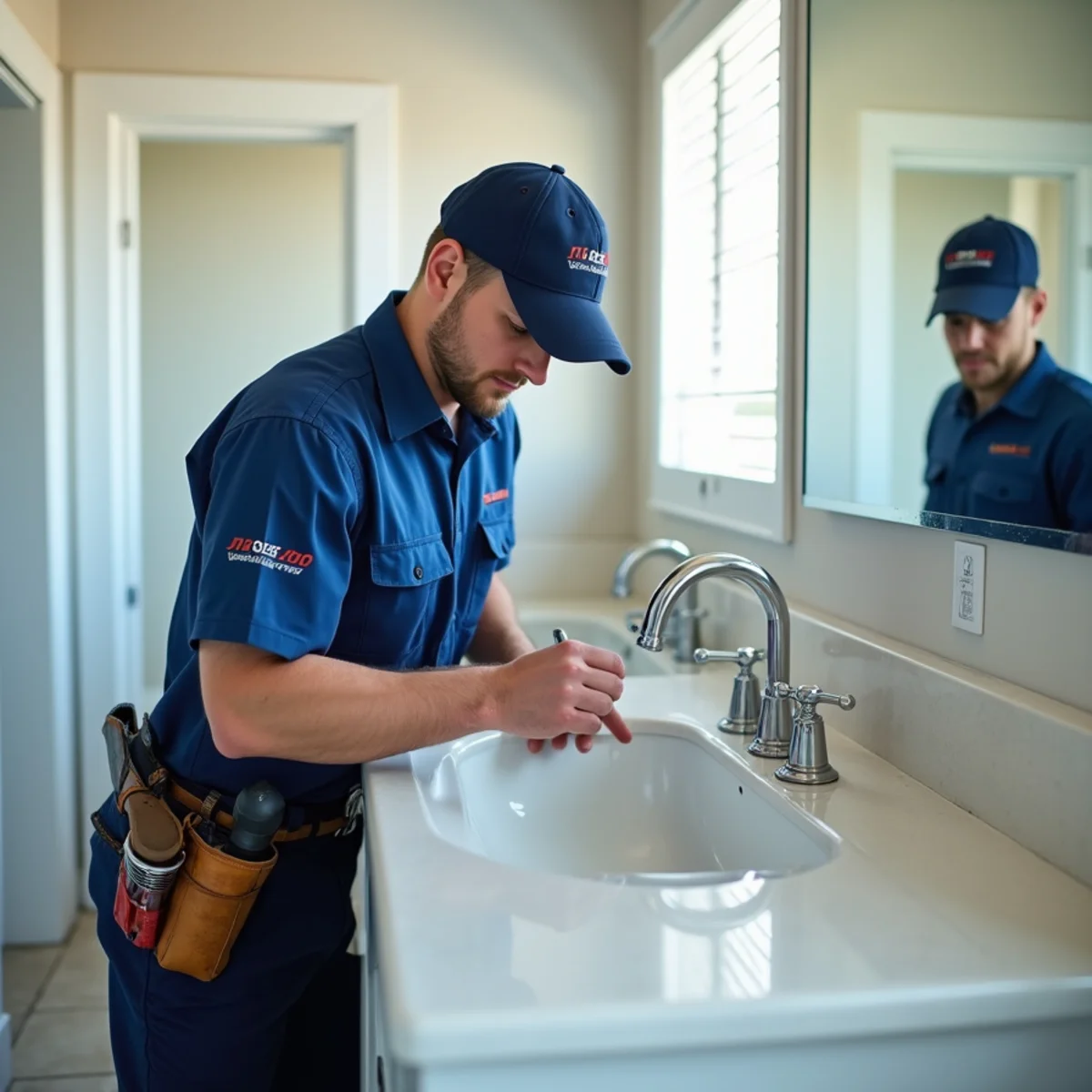Plumber installing a new bathroom faucet and fixture in a Parker Colorado home