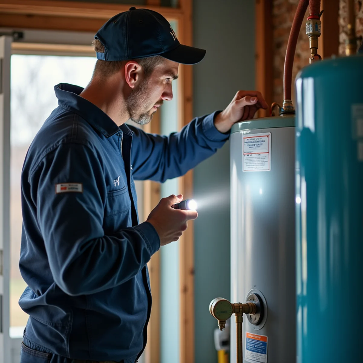Parker plumber inspecting a residential tank water heater and expansion tank